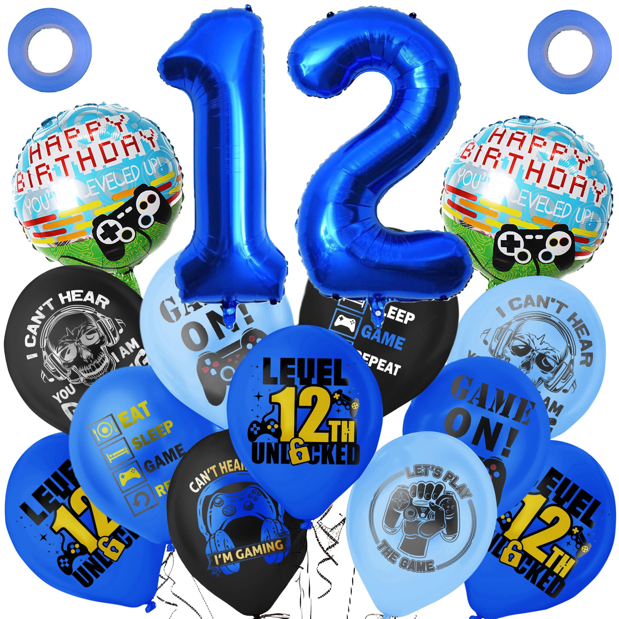 Blue 12th Video Game Birthday Party Decoration Balloons Game on Party Supplies Set Include Happy Birthday Banner Foil Balloon Latex Balloon Ideal for Kids Boys Party Room Activities Decor