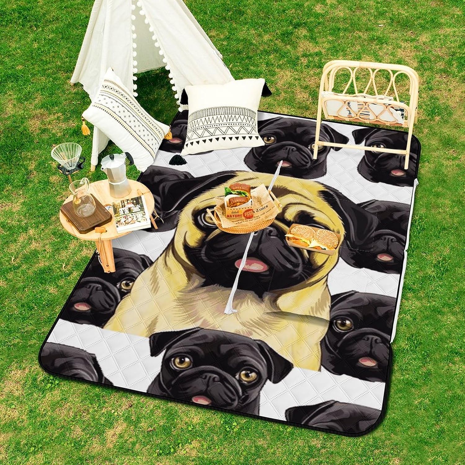 Black Yellow Pug Picnic Blanket 150x100cm, Foldable 2-in-1 Picnic Mat and Tote Bag Portable Waterproof Beach Mat Sandproof Outdoor Blanket for Park, Hiking, Beach, Camping, Travel