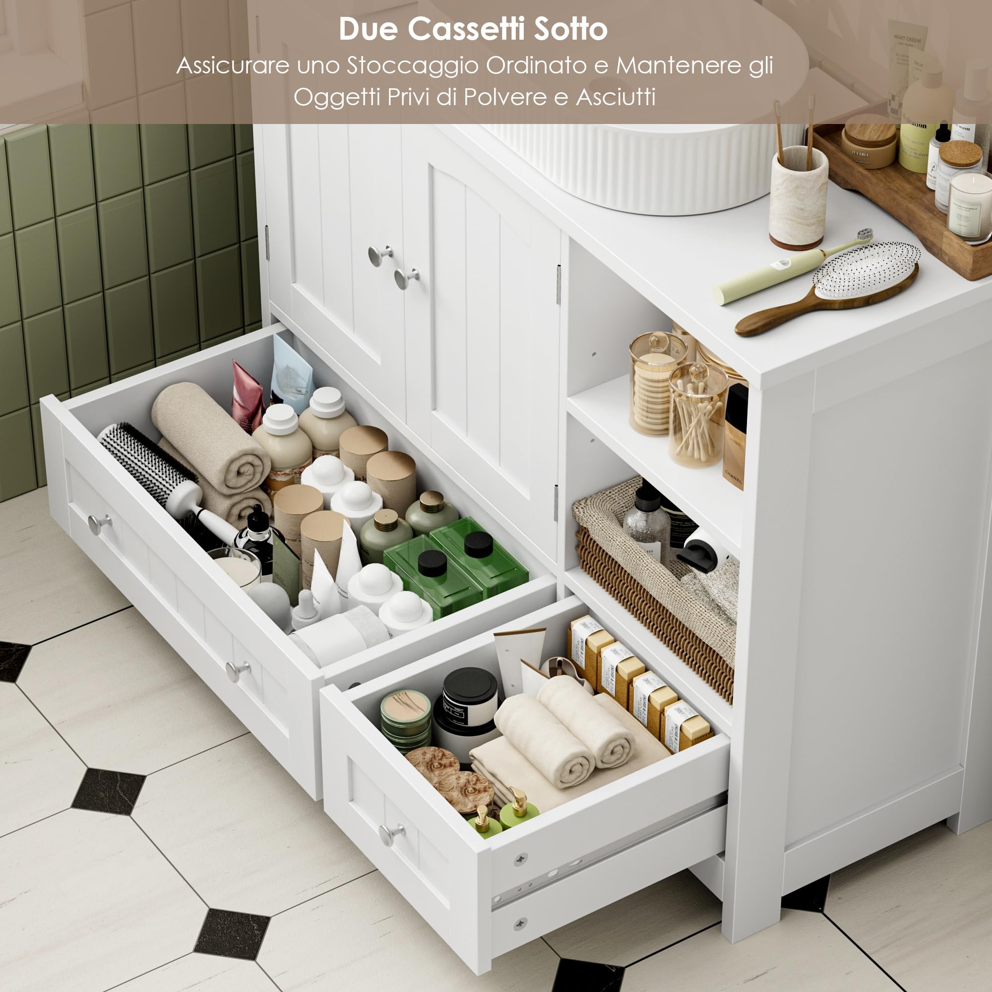 FOREHILL 80cm Mobile Bagno Sottolavabo Grande con 2 Cassetti e Ante Bianco | Mobile Sottolavabo per Bagno con Ripiani Regolabili,Mobile Bagno con 2 Scomparti Aperti,per Spazi Ridotti, Bagno,80x30x65cm
