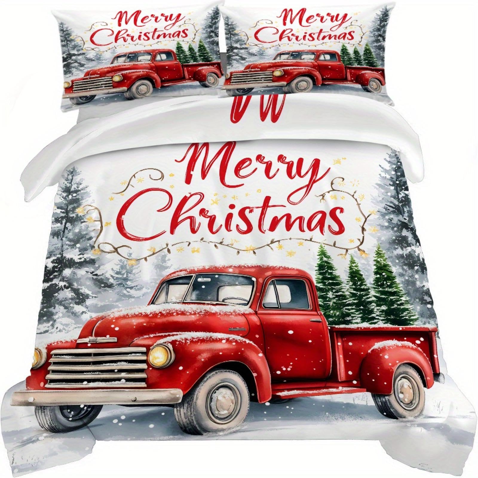Parure de lit camionnette de Noël 210x210cm en polyester doux avec 2 taies d'oreiller