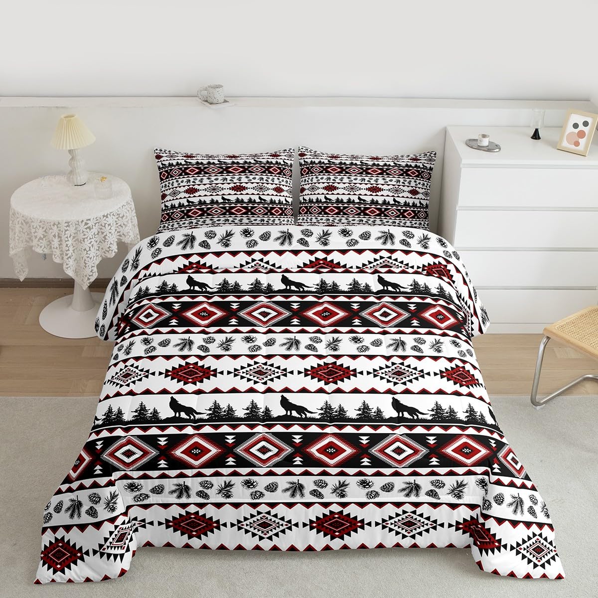 Parure de lit enfant aztèque rouge et noir avec housse de couette loup rustique campagne
