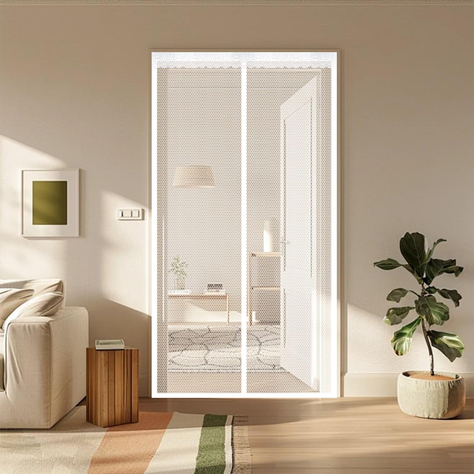 Screen Door 160 x 220 cm Self Sealing Powerful Magnets Flyscreen French Doors with Powerful Magnets & Full Frame Magic Tape Suitable for Patio Doors Balcony Bedroom, White