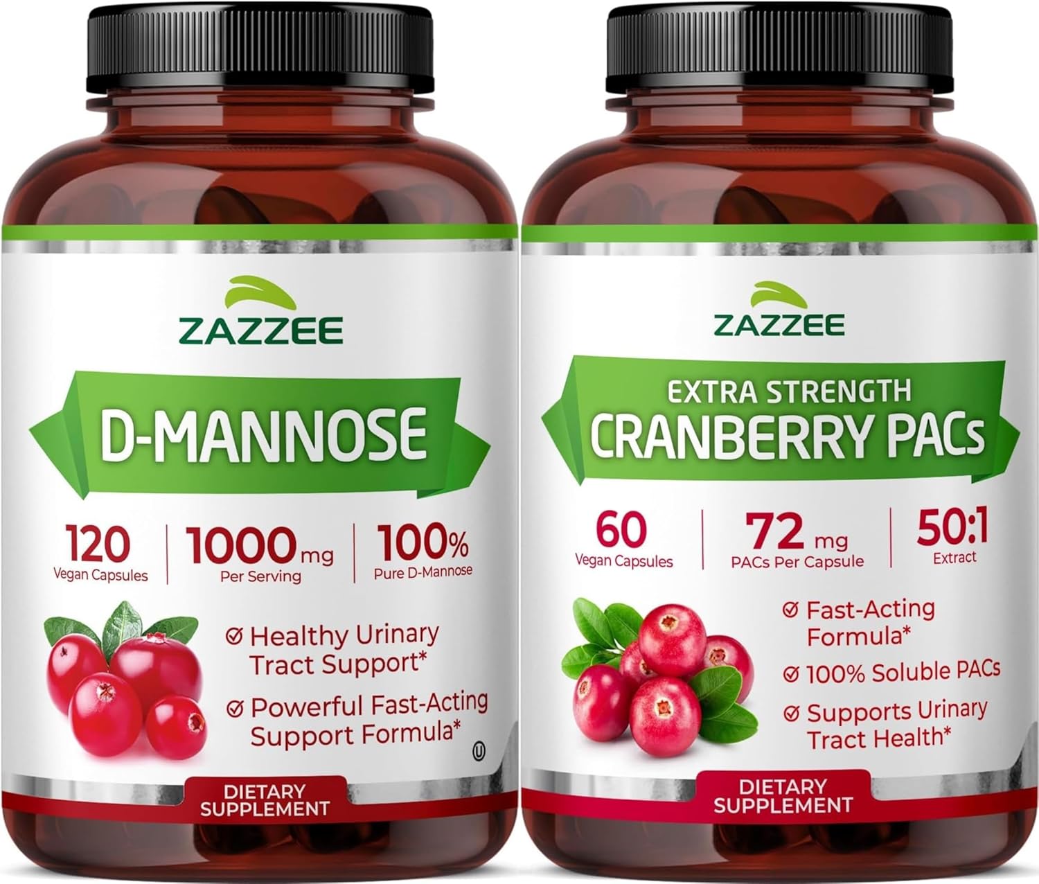 Zazzee Ultimate Urinary Tract Support Bundle | Super Concentrated Proanthocyanidin Cranberry Extract Capsules Plus D-Mannose 1000mg Capsules for UT & Bladder Cleansing (60 Servings Each)