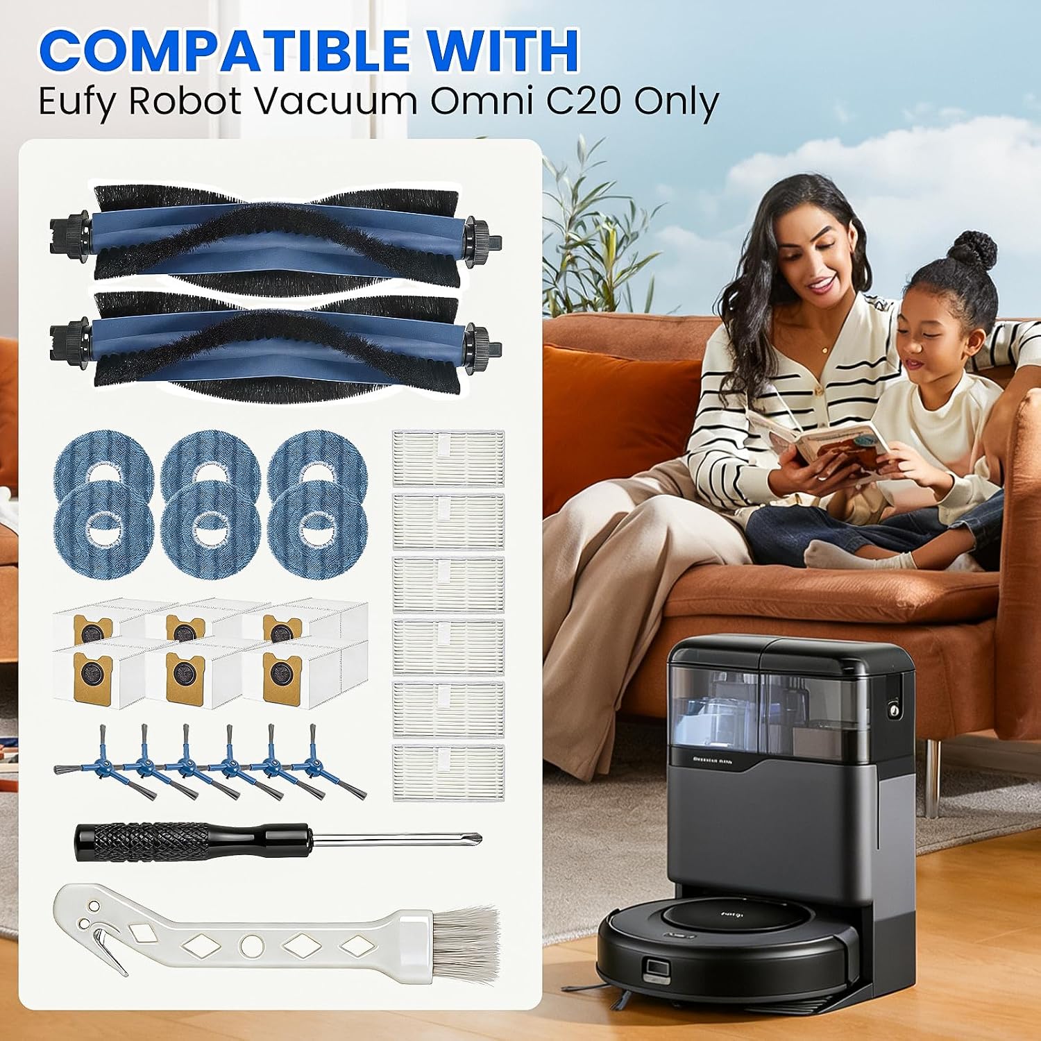 28-Piece Replacement Parts Kit for eufy Omni C20 Robot Vacuum, Includes 2 Main Brushes, 6 Side Brushes, 6 HEPA Filters, 6 Dust Bags, 6 Mop Pads & Maintenance Tools - Full Refill Accessories