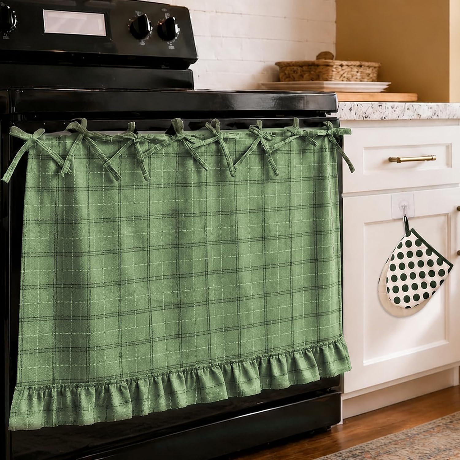 Green and White Handmade Oven Skirt Curtain & Oven Mitts Decorative