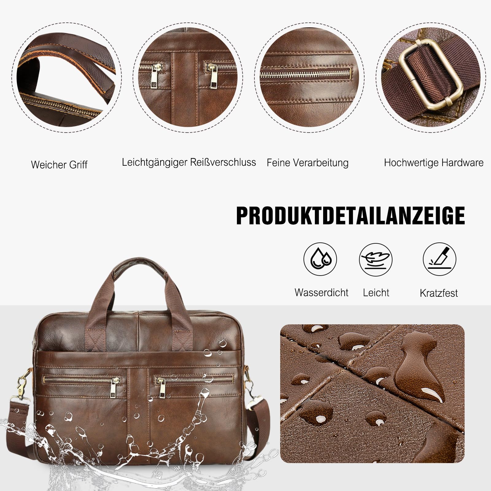 FANDARE Herren Leder Aktentasche Dokumententasche Geschäftstasche Business Messenger Handtasche Mappe Aktenkoffer Umhängetasche für 15.6 Zoll Laptoptasche Henkeltasche für Arbeit und Reisen