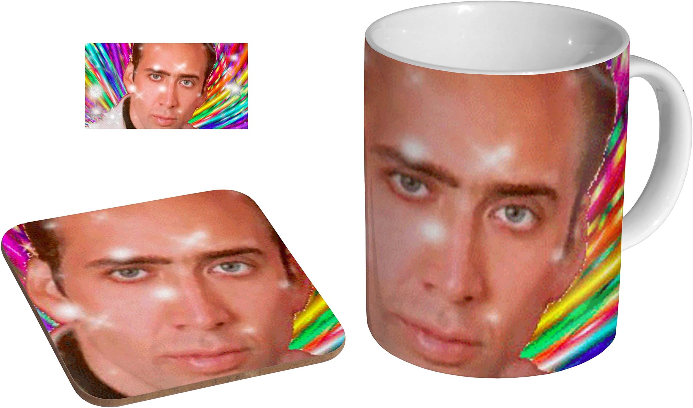 Nicolas Cage Rainbow Funny Trippy Ceramic Coffee Mug + Coaster Gift Set …