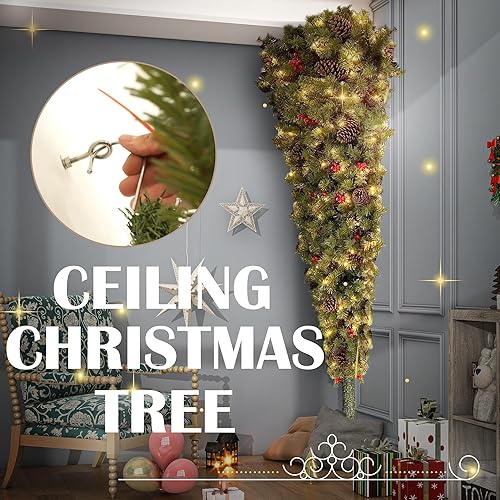Miniatura 6 de Árbol de Navidad, árbol de Navidad colgante boca abajo de 6 pies, árbol de Navidad colgante del techo, árbol de Navidad con 300 luces LED blancas