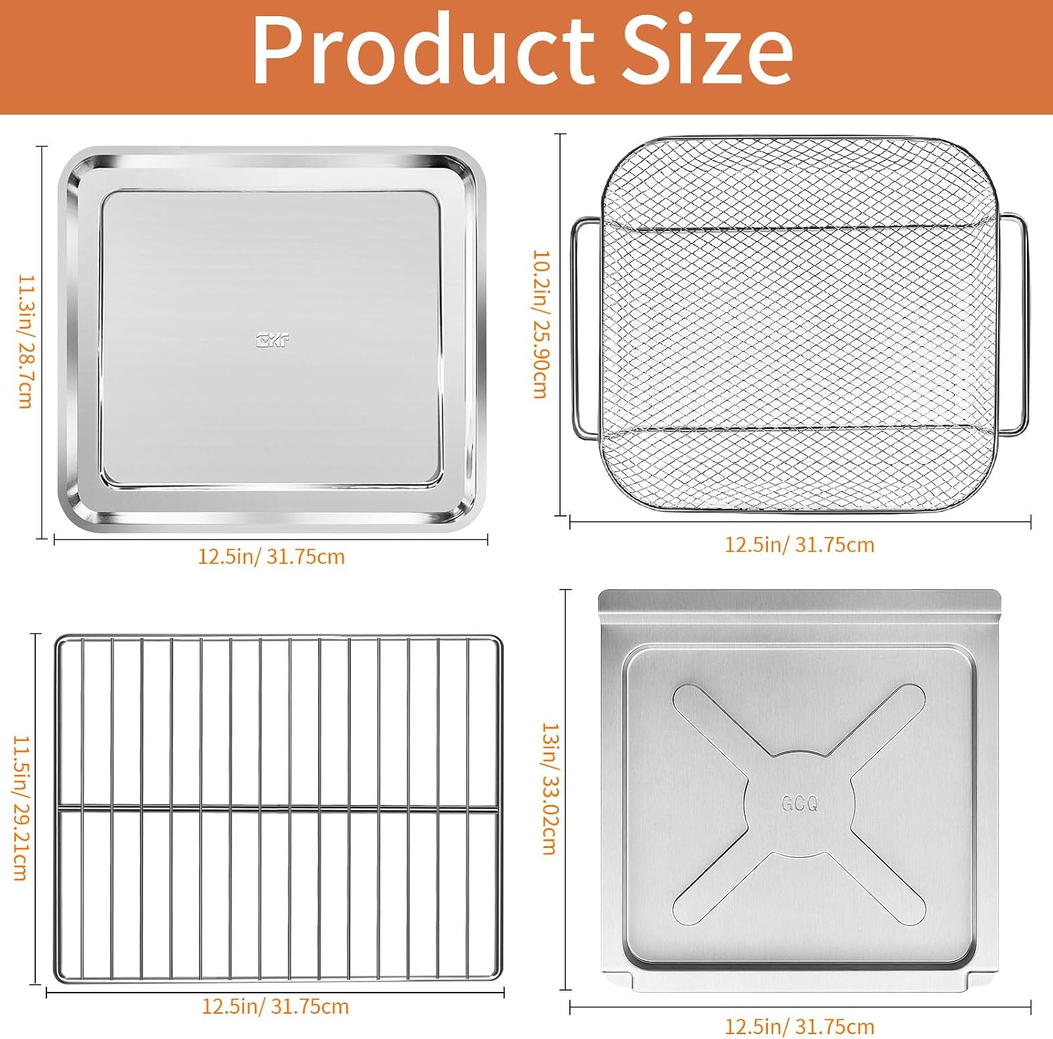 GXF 4 Pieces Set Air Fryer Accessories for Emeril Lagasse 26 QT Extra Large Air Fryer Convection Toaster Oven, Food Grade Steel Air Fryer Bake Pan Basket Wire Rack Drip Tray Kit Replacement Parts