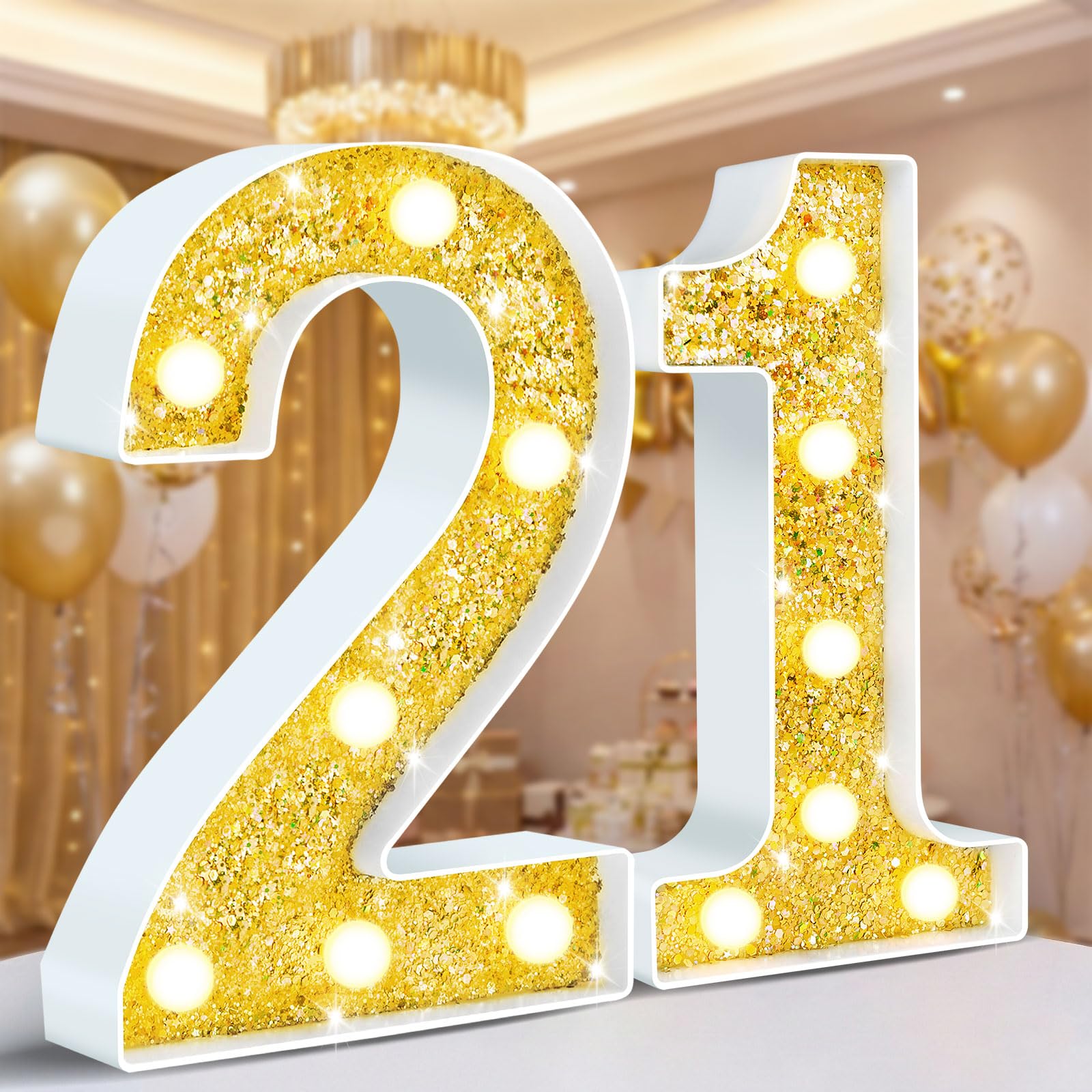 Ledido Light Up Numbers 21 Glitter, Lighted Number Sign for 21th Birthday Decorations, LED Gold Numbers as Birthday Gifts for Anniversary Wedding Party Decor, Night Lights for Bedroom Decorations