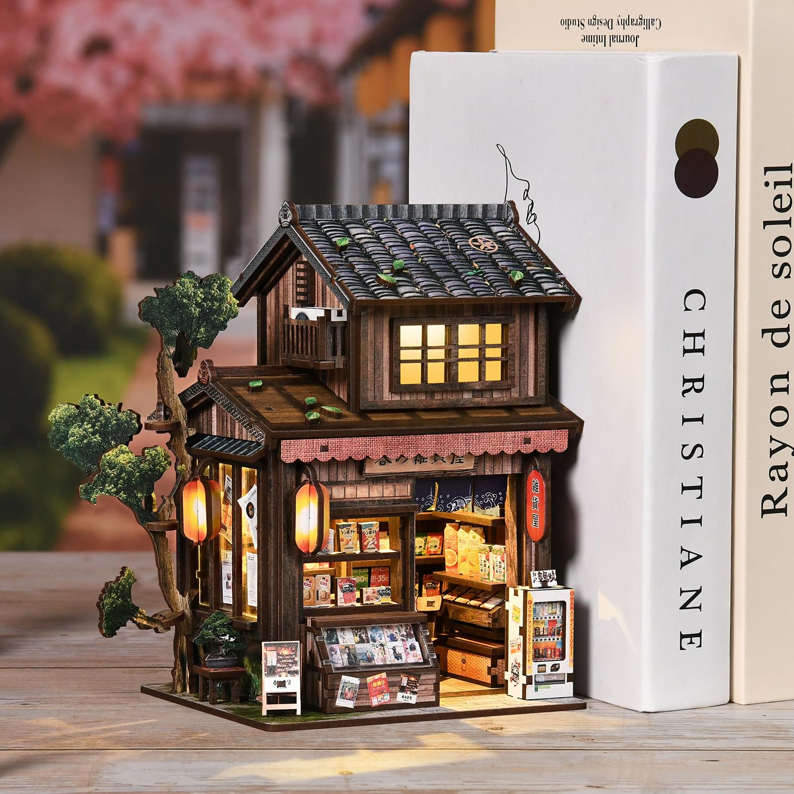 Book Nook DIY Kit-Tienda General Spring Day-Booknook Bausatz mit LED Licht，3D-Holzpuzzles Buchecke, DIY Puppenhaus Häuser，bastelset Erwachsene