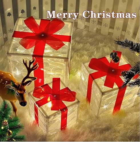 Miniatura 4 de Juego de 3 piezas de caja de regalo de Navidad roja brillante, caja de regalo de Navidad brillante de 60 LED, caja de regalo alimentada por batería,