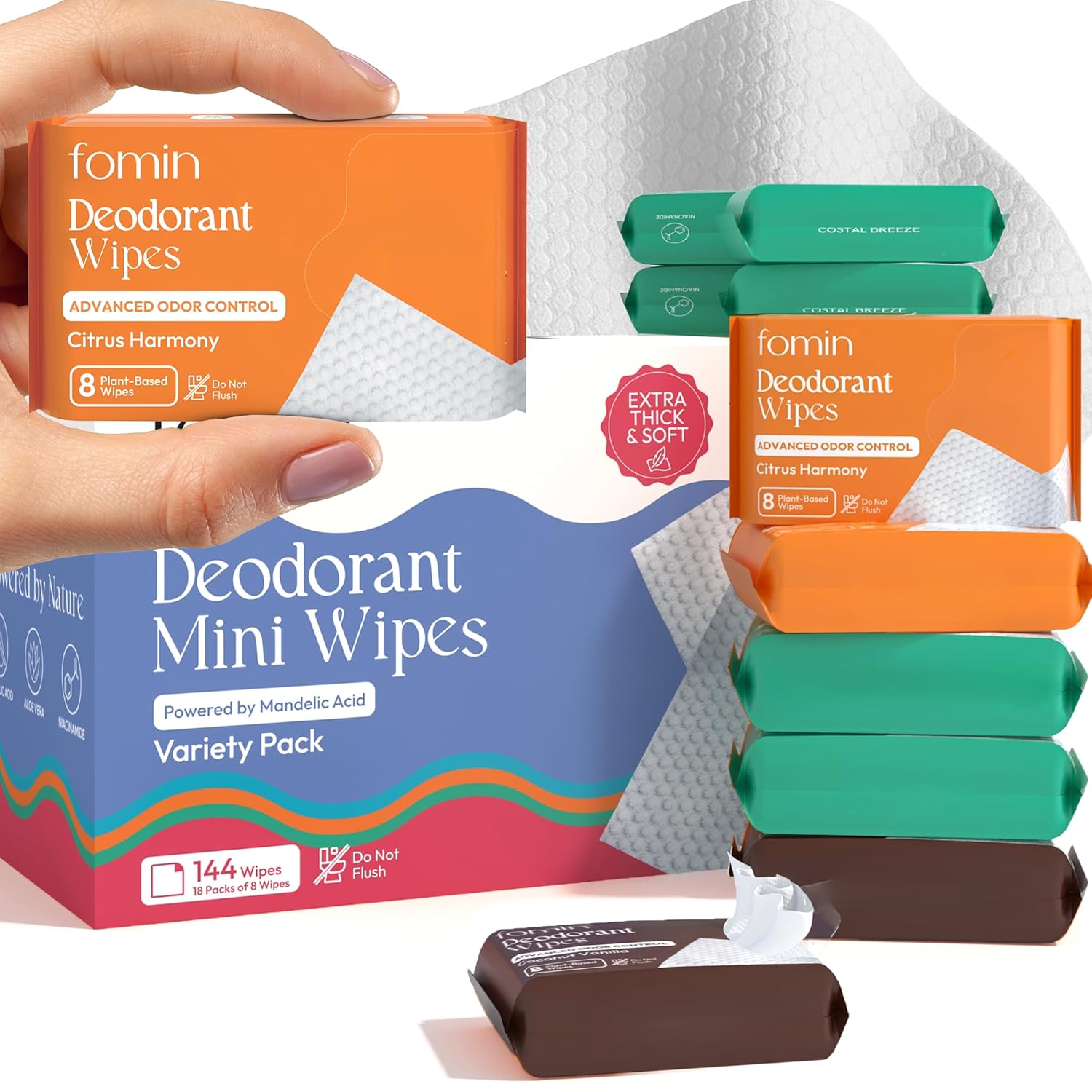 FOMIN Acidified Travel Deodorant Mini Wipes For Women & Men- Variety Pack - 288 Count - pH Balanced, Biodegradeable Mini Deodorant Travel Size Wipes - Plastic-Free, Underarm Body Wipes