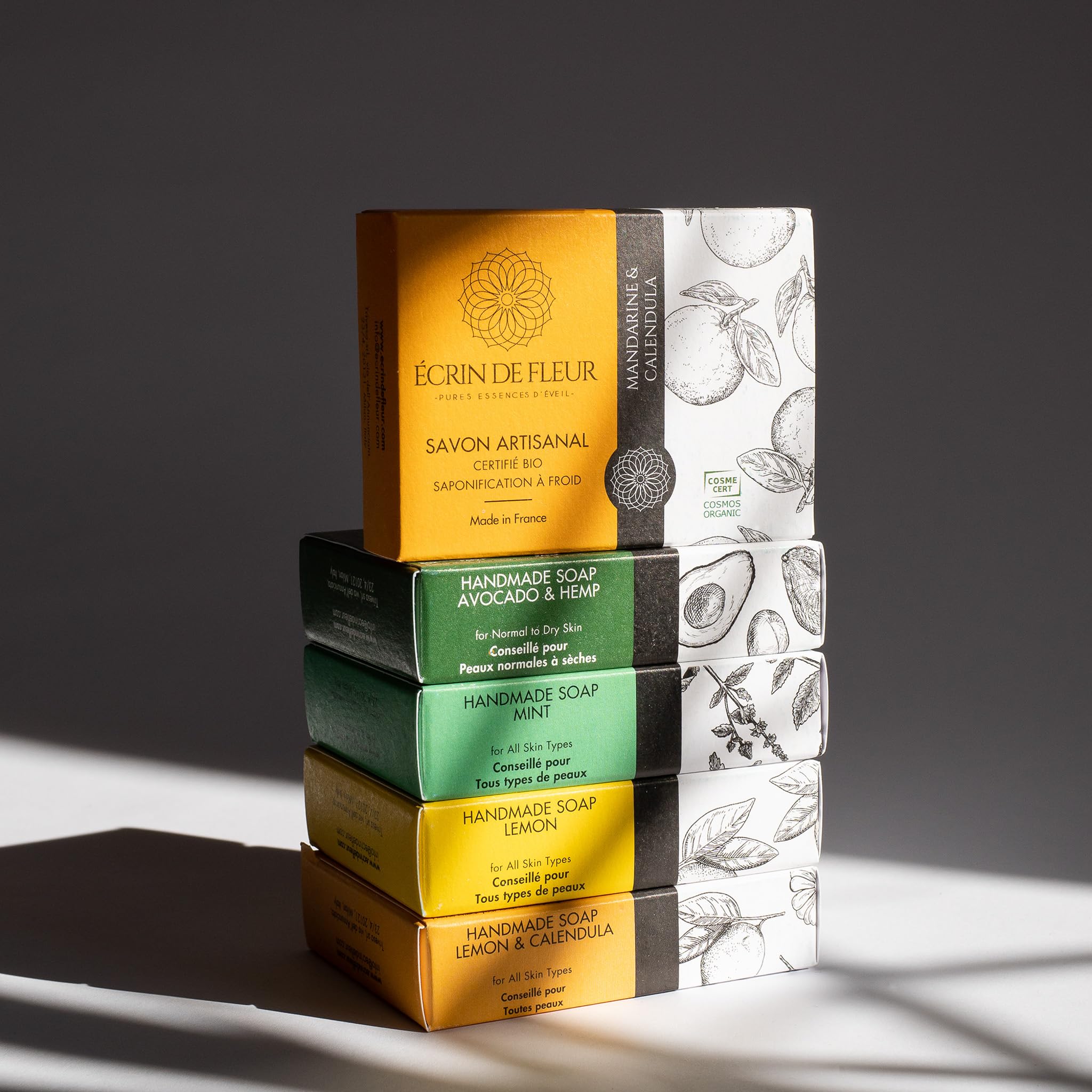 Bio-Seifenset, 5 handgemachte Seifen, COSMOS & Nature et Progrès zertifiziert, Mandarine, Minze, Avocado, Argan, Zitrone, 5x90g