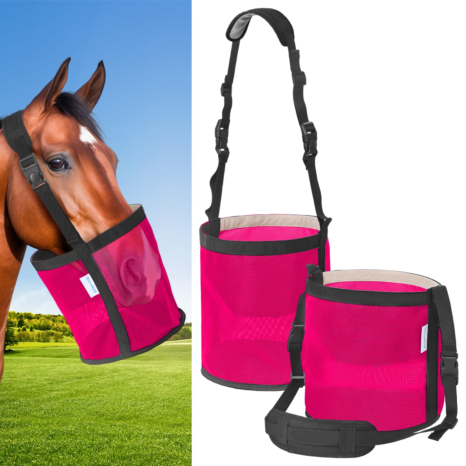 Horse Feed Bag Pack of 2, Feed Bags for Horses with Ventilation Mesh, Comfort Nose Pad Neck Pad, Adjustable Strap, Spill Proof Design for Independent Feeding Grain, Supplements