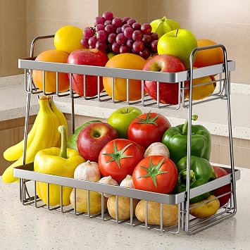 Sakugi Fruit Basket for Kitchen Counter - 2-Tier Fruit Bowl with Removable Banana Hanger & Handles, Rustproof Fruit Holder for Kitchen, Living Room, Bathroom, 13.4"8.7"11.7", Silver