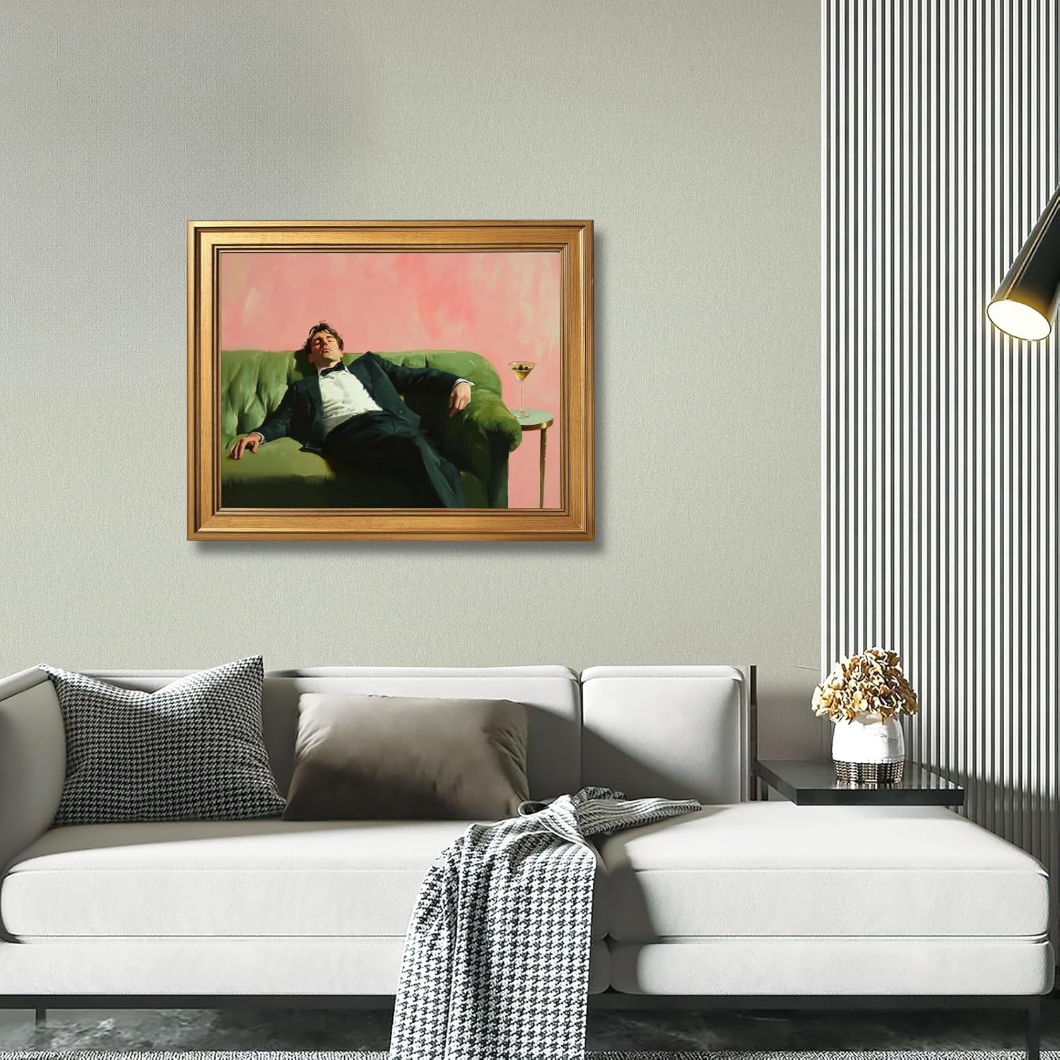 Gold Framed Vintage Cocktail Poster Gentleman Pink Wall Art Retro Moody Dapper Man Rest on Green Couch Martini Canvas Print Classic Humor Painting for Bar Office Male Decor 12x16inch