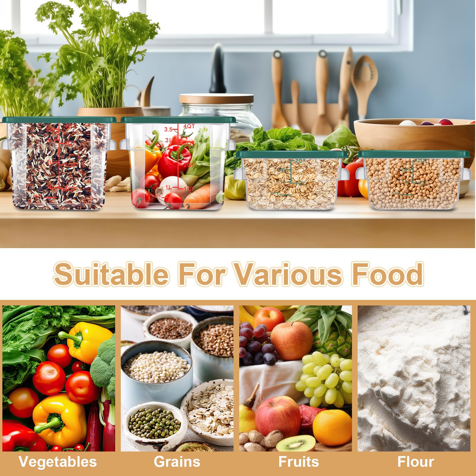 Barydat 4 contenitori per alimenti con coperchi, quadrati da 2 e 10,2 l, con bilancia e manici, in policarbonato trasparente, per la conservazione degli alimenti a prova di cucina, per marinare la