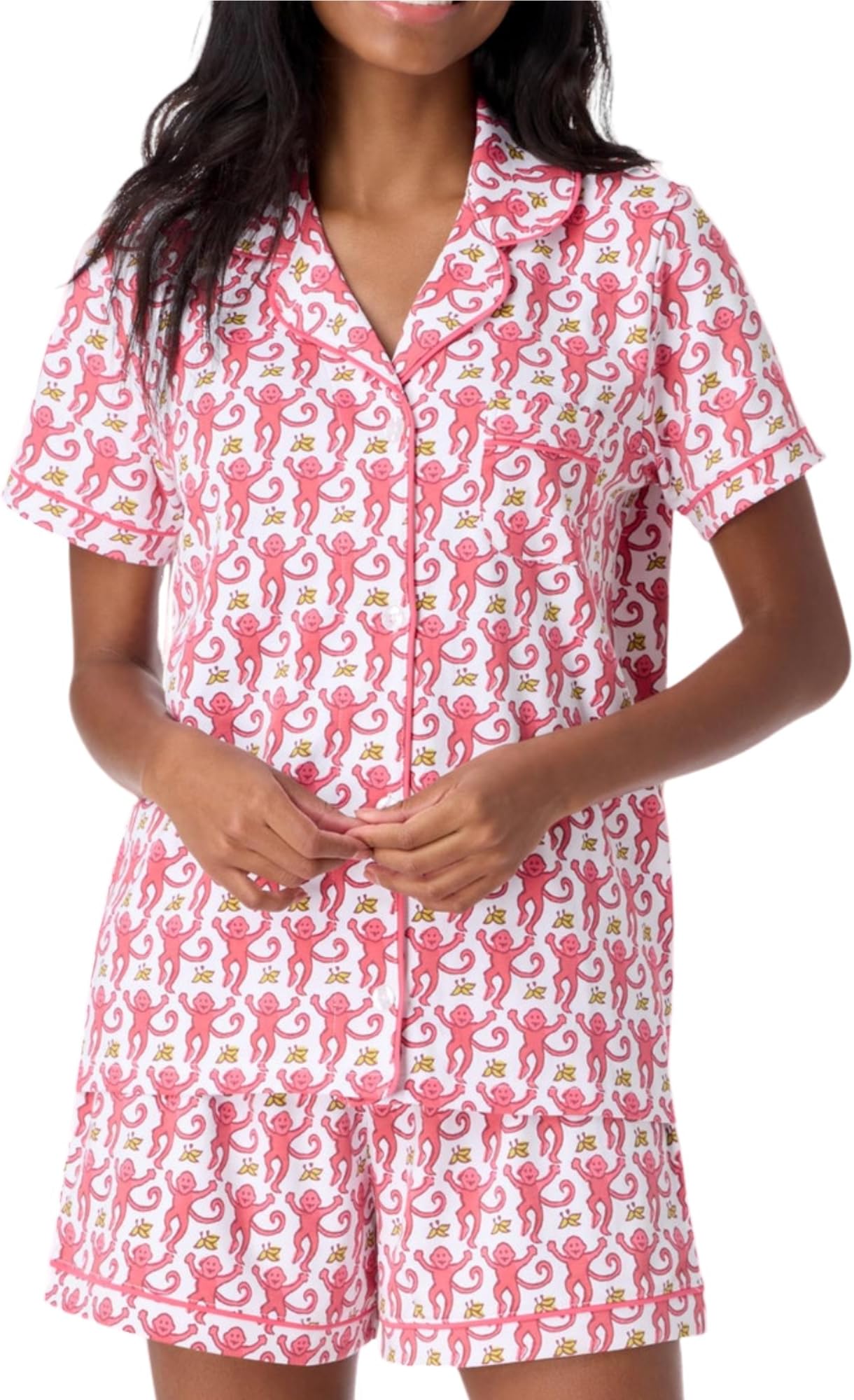 ZelbuckWomens Pajamas Set Trendy 2 Piece Button Down Monkey Bunny Shorts Set Y2k Roller Dupes Rabbit Preppy Loungewear Pjs Pink, Large