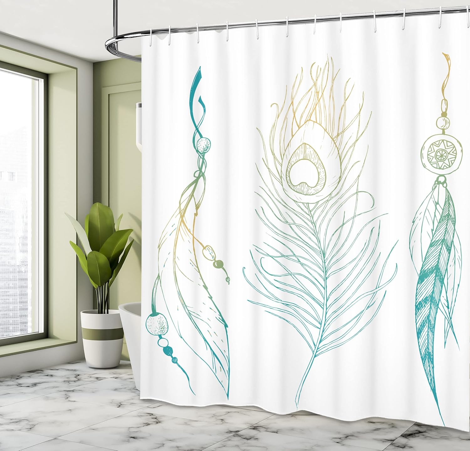 Ambesonne Peacock Shower Curtain, Aesthetic First Nations Feather and Peacock Tail Traditional Design Print, Cloth Fabric Bathroom Decor Set with Hooks, 69" W x 75" L, Mint Green Yellow