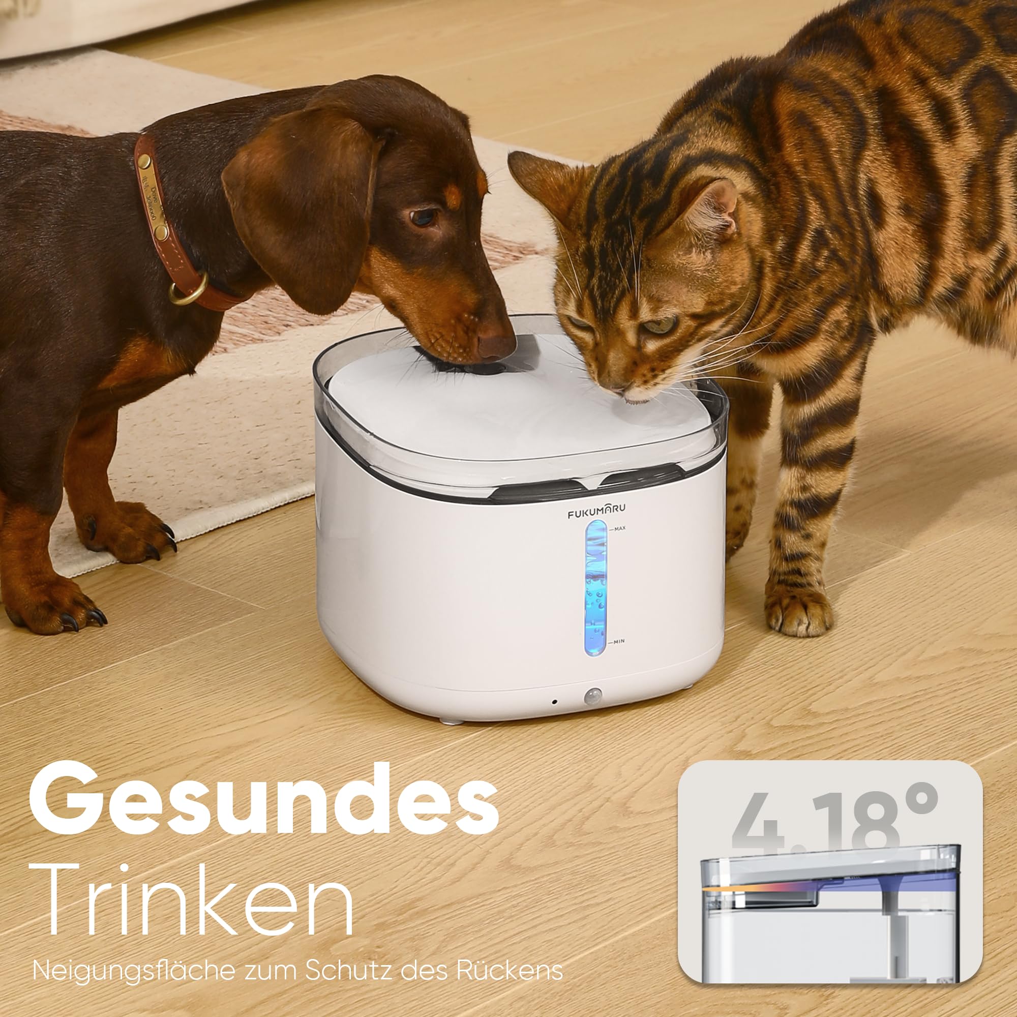 FUKUMARU 2L Trinkbrunnen für Katze Kabellos, Katzenbrunnen Kabellos mit Bewegungsmelder, Batteriebetrieben Katzentrinkbrunnen, 5000mAh, Leise Wasserpumpe, Wasser-Energie-Trennung, weiß