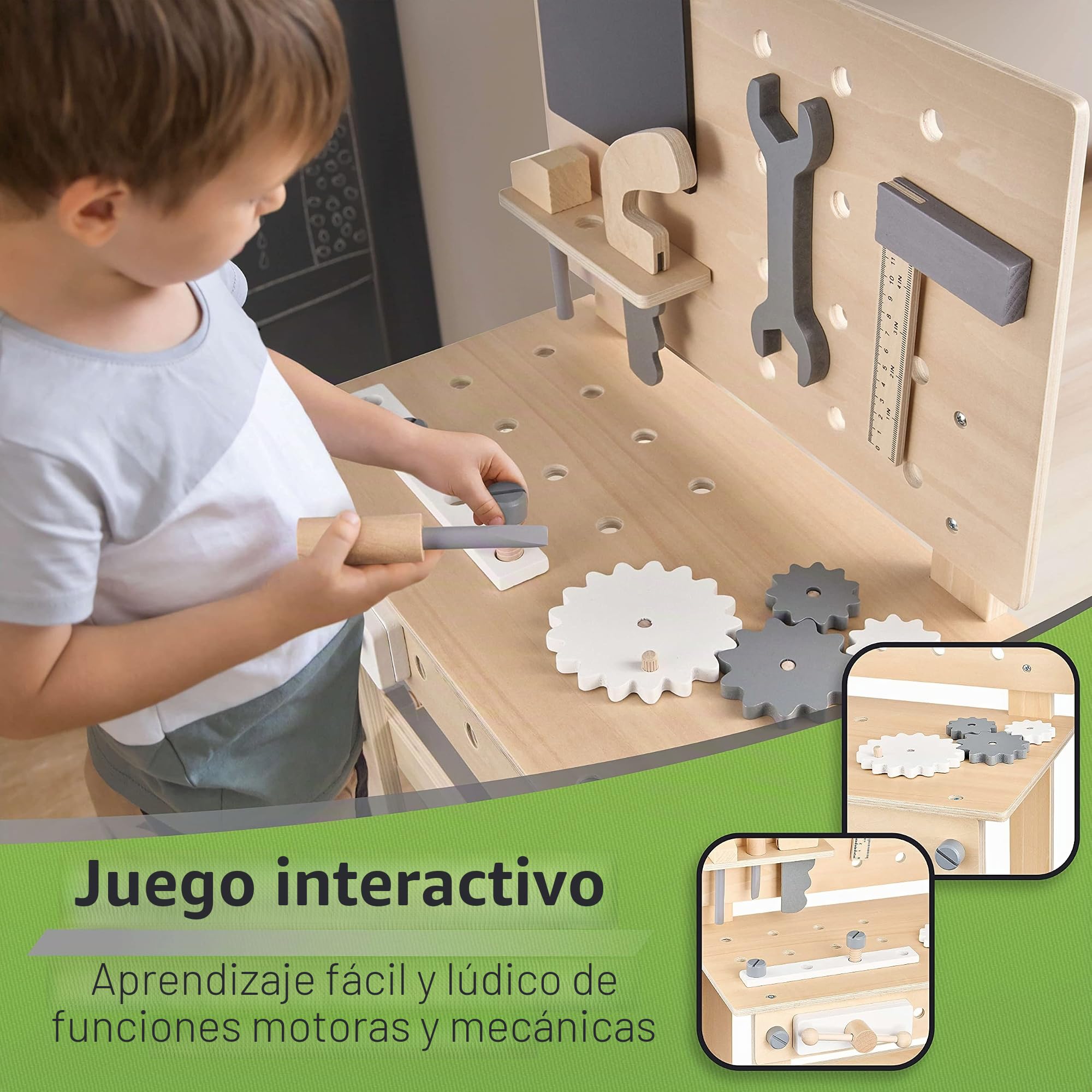 Balinco Workbench Children Wood, Taller con Herramientas Infantiles, Sierra, escuadra, Destornillador, Ruedas dentadas, Tornillo de Banco, Tablero, Accesorios, Juguetes de Madera a Partir de 3 años