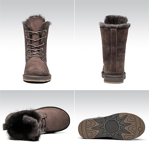 Miniatura 3 de AU&MU Aumu - Botas de invierno para mujer de cuero con forro de lana, clásicas, con cordones, a media pantorrilla, planas, con pelo, para nieve