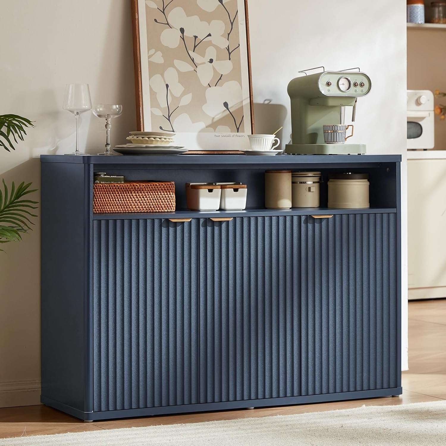 LEYAOYAO Fluted Buffet Cabinet with Storage, 45" Wide Wood Sideboard Credenza with 3 Doors & Open Storage Shelf, Modern Kitchen Console Accent Cabinets, Coffee Bar Table for Dining Room, Dark Blue