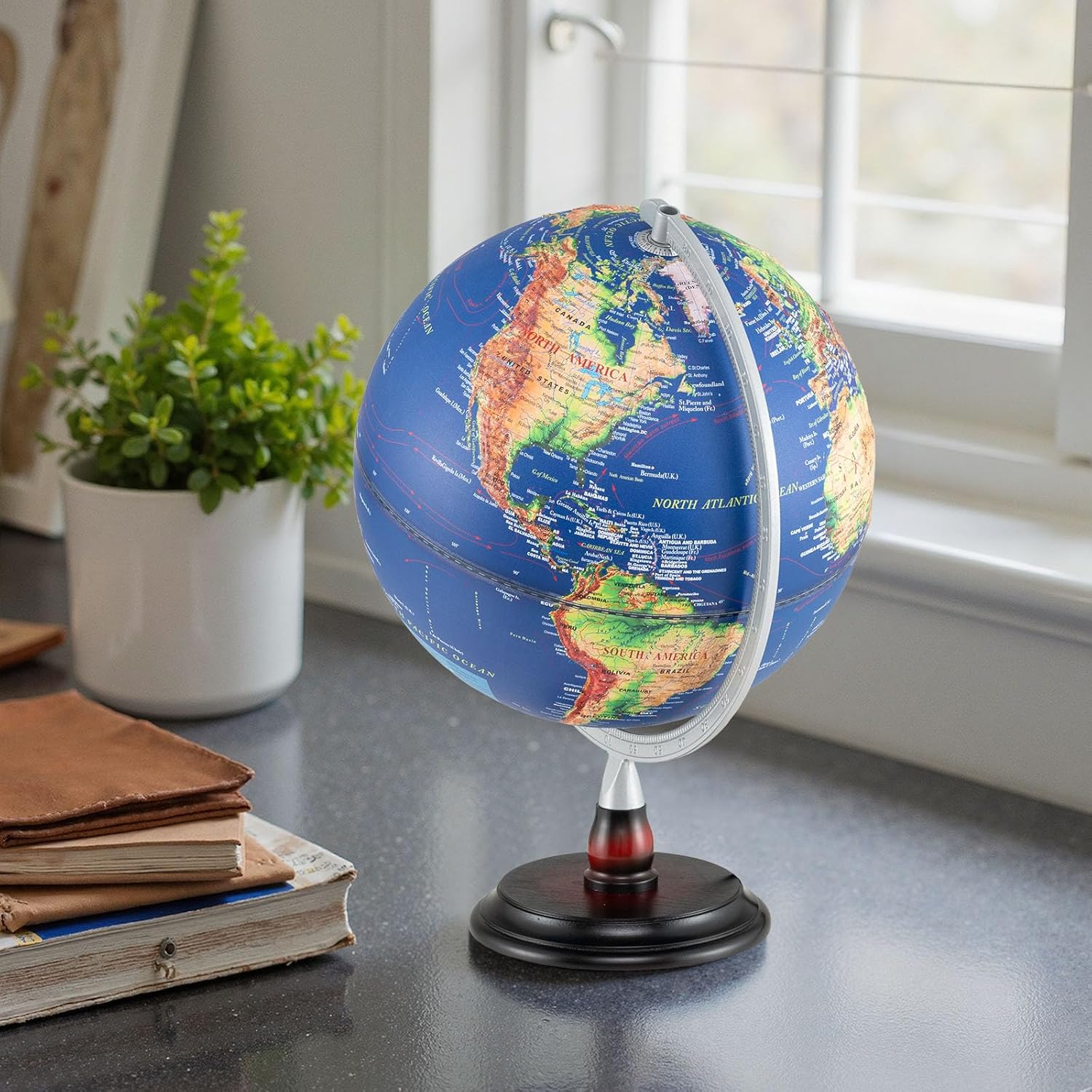 12" Illuminated World Globe, Desktop Globe with Raised Relief, LED Lights, Time Zone & Non-Slip Wooden Base, Geographic Terrain Globes for Decoration (Navy)