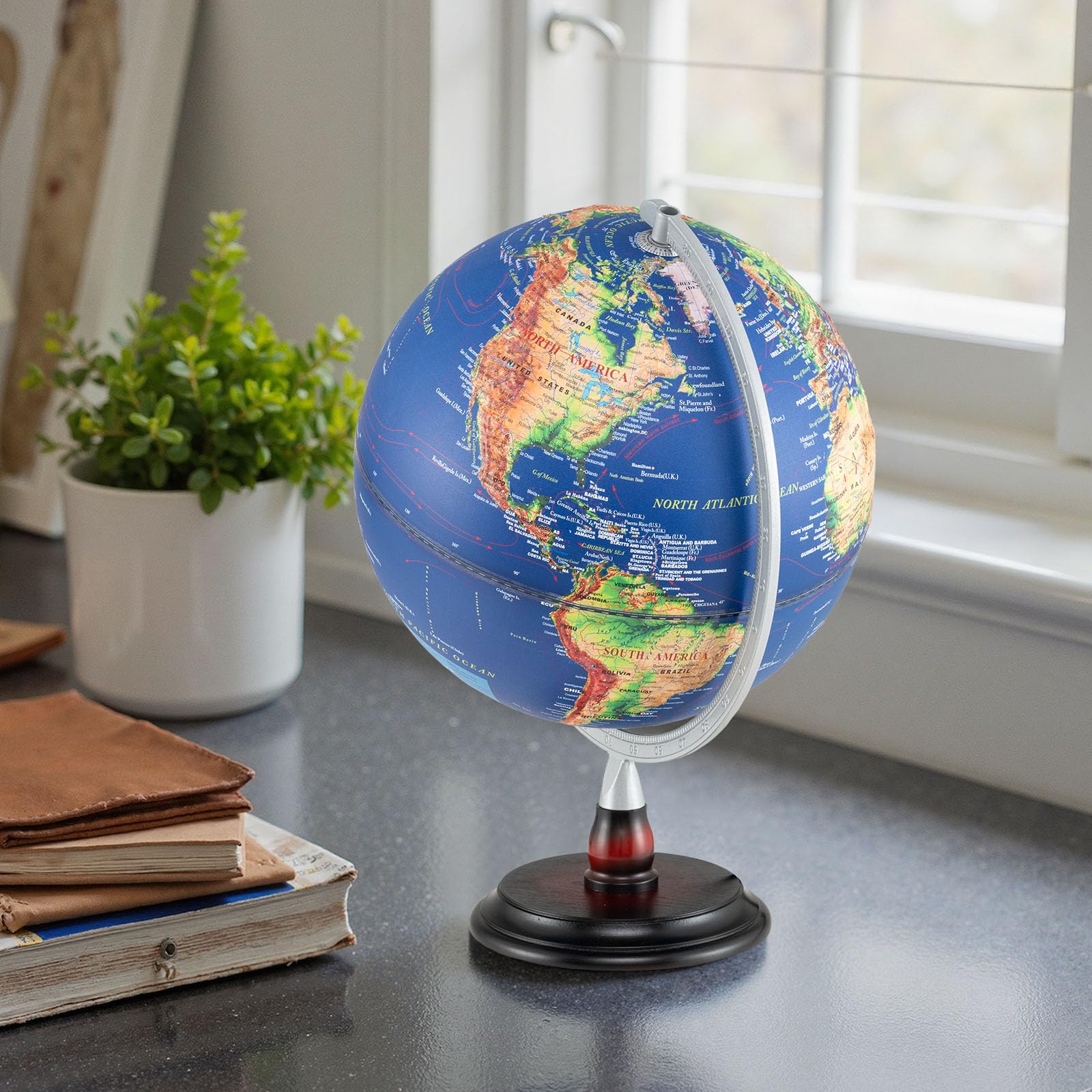 LIFEZEAL 30 cm Globo Terrestre illuminato con illuminazione a LED,Globo da ufficio educativo con rilievo geografico e fusi orari, Gobe geografico con base in legno stabile per studio e decorazione I