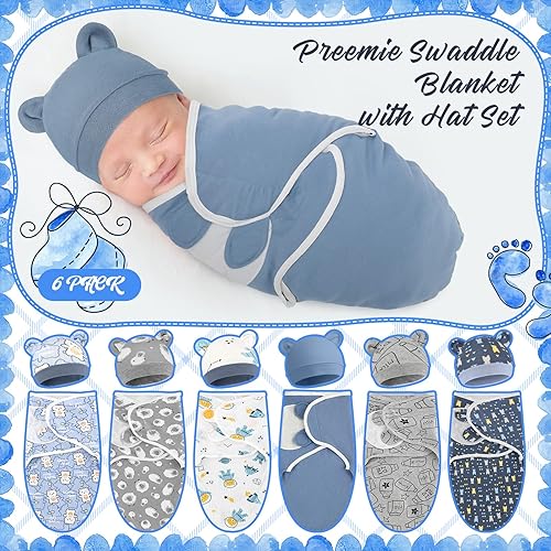 Miniatura 10 de VitalCozy Paquete de 6 mantas para bebés prematuros con gorro, juego de gorro de algodón para bebés prematuros, recién nacidos, niños y niñas, serie