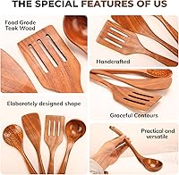 Vista 4 de Juego de utensilios de cocina de madera de teca natural - 4 piezas de cucharas de madera para cocinar con cucharón, espátula y cuchara ranurada
