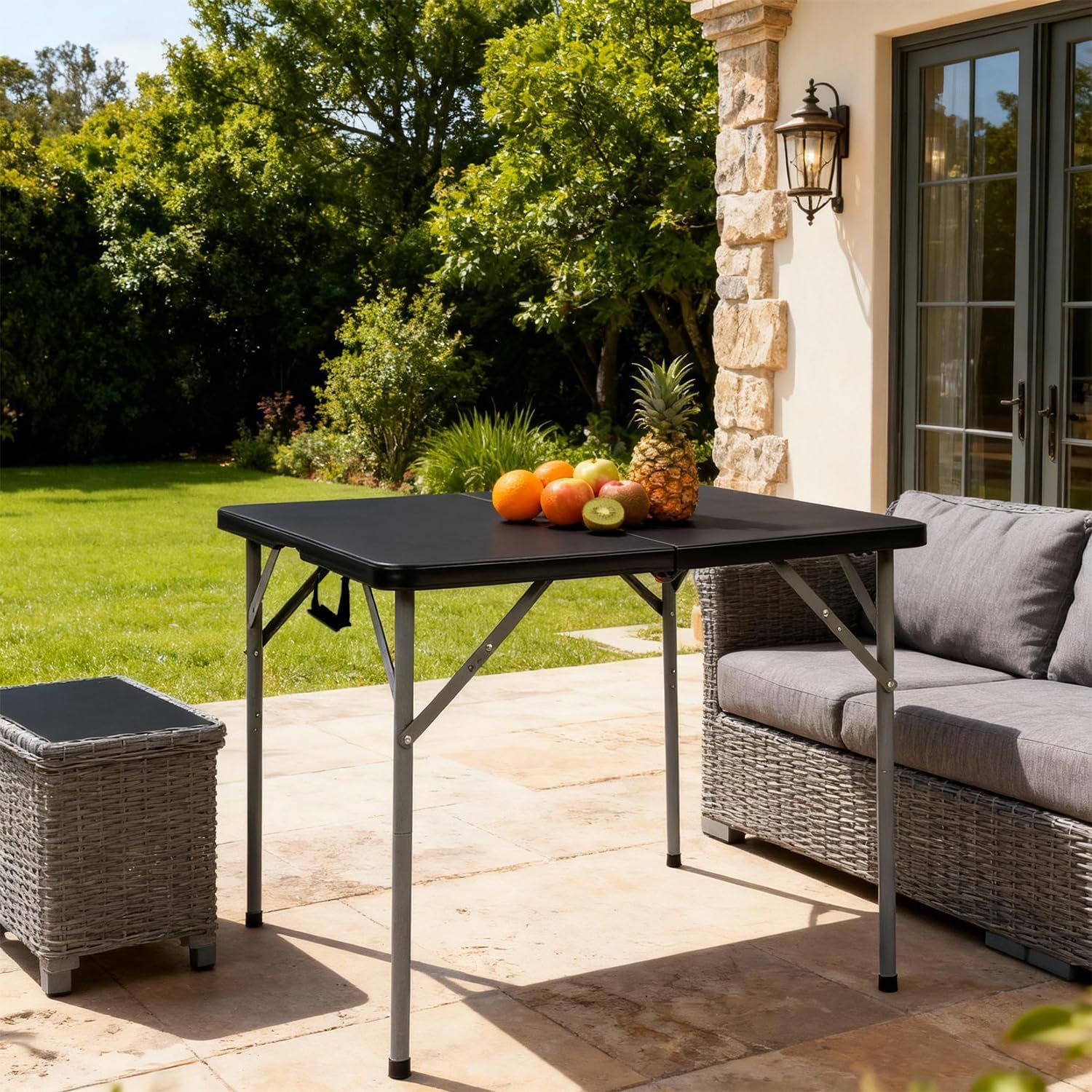 34" folding card table, heavy duty plastic square table - portable fold-in-half w/handle & lock for camping, bbq, party, events, black 34‘’-black