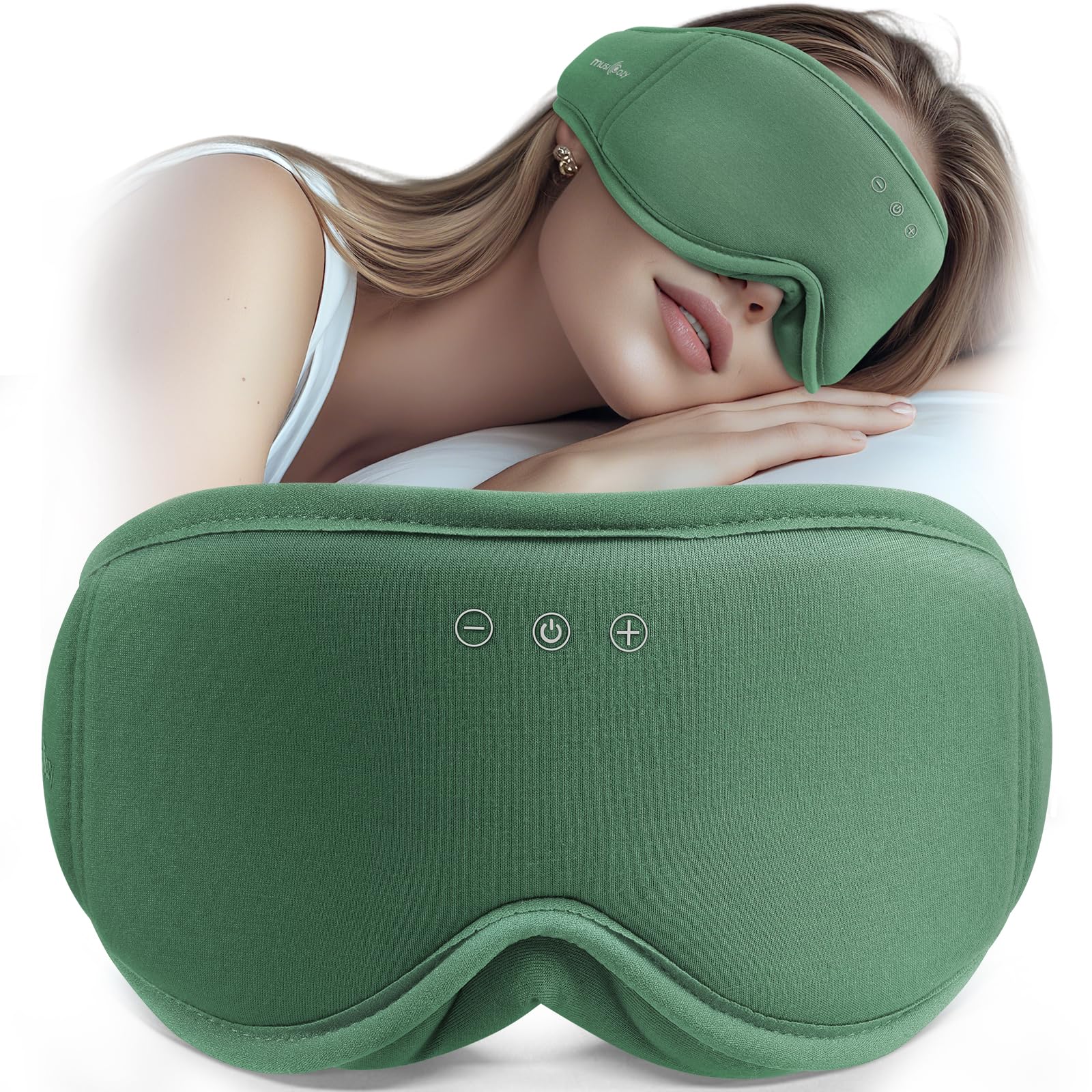 MUSICOZY Schlafmaske mit kopfhörer | 100% Schatten 3D Schlafkopfhörer Bluetooth Augenmaske aus Bio-Bambus-Baumwolle für Reisen,erholsamen| Bluetooth 5.4 Schlaf Kopfhörer (Grün)