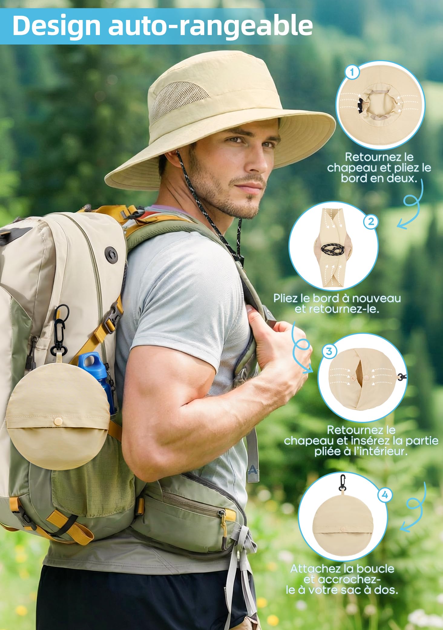 MELLIEX Chapeau Anti UV Homme Femme Large Bords Chapeau de Soleil Imperméable Respirant Pliable Boonie Hat pour Randonnée, Jardinage, Safari, Brouss - 5