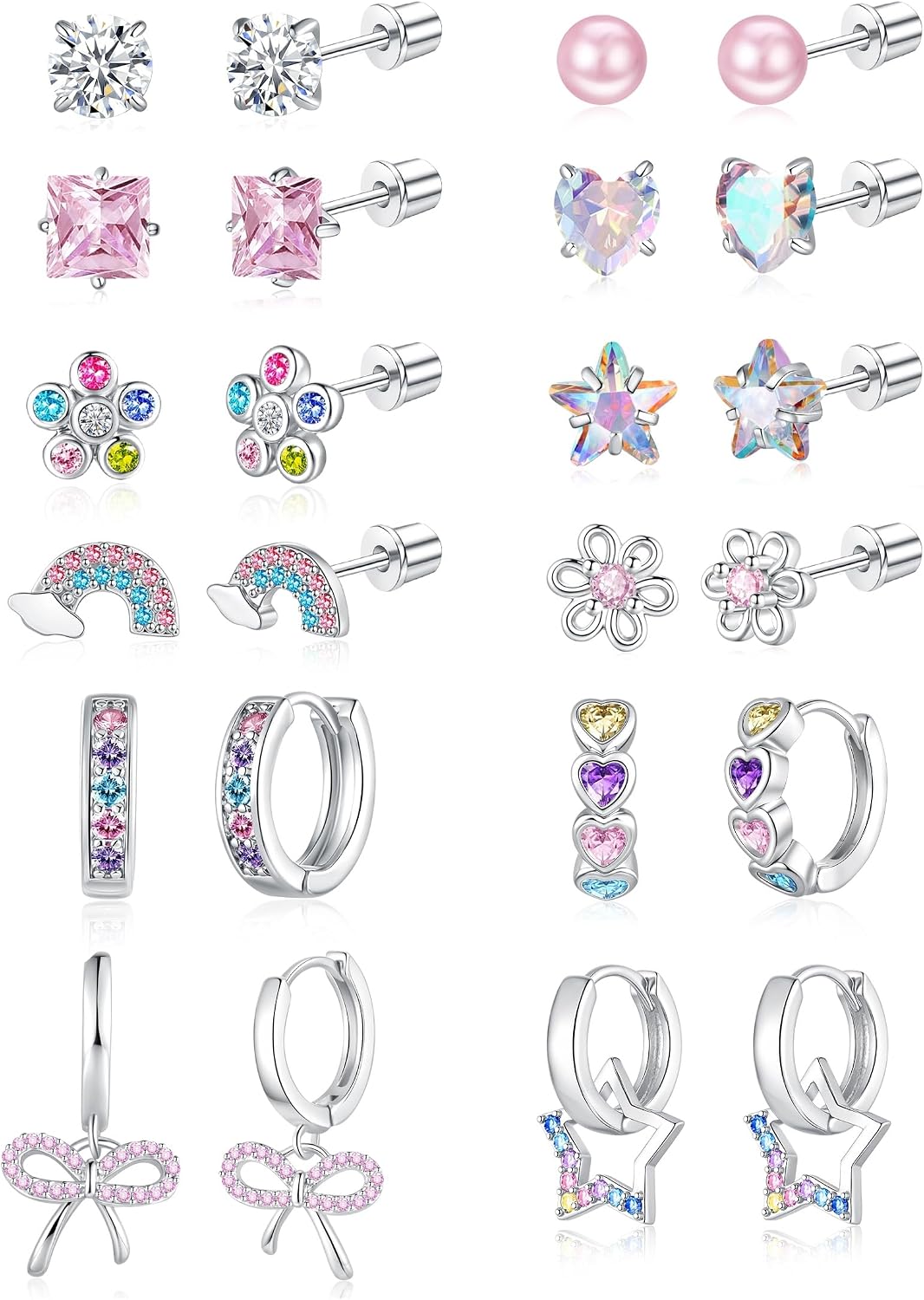 Hypoallergenic Screw Back Earrings for Women Girls Kids Surgical Steel Earrings for Sensitive Ears Cute Heart CZ Flower Butterfly Toddler Girl Earrings Screwback Studs Hoops