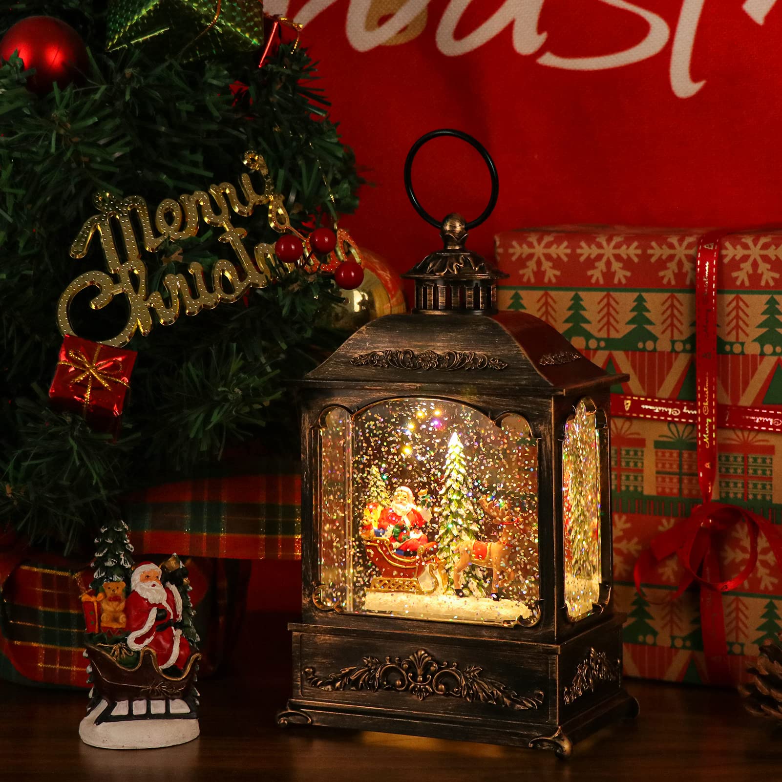 Wondise Rechargeable Musical Santa Snow Globe Lantern – 6H Timer, Battery/USB Powered, Spinning Glitter Holiday Decor