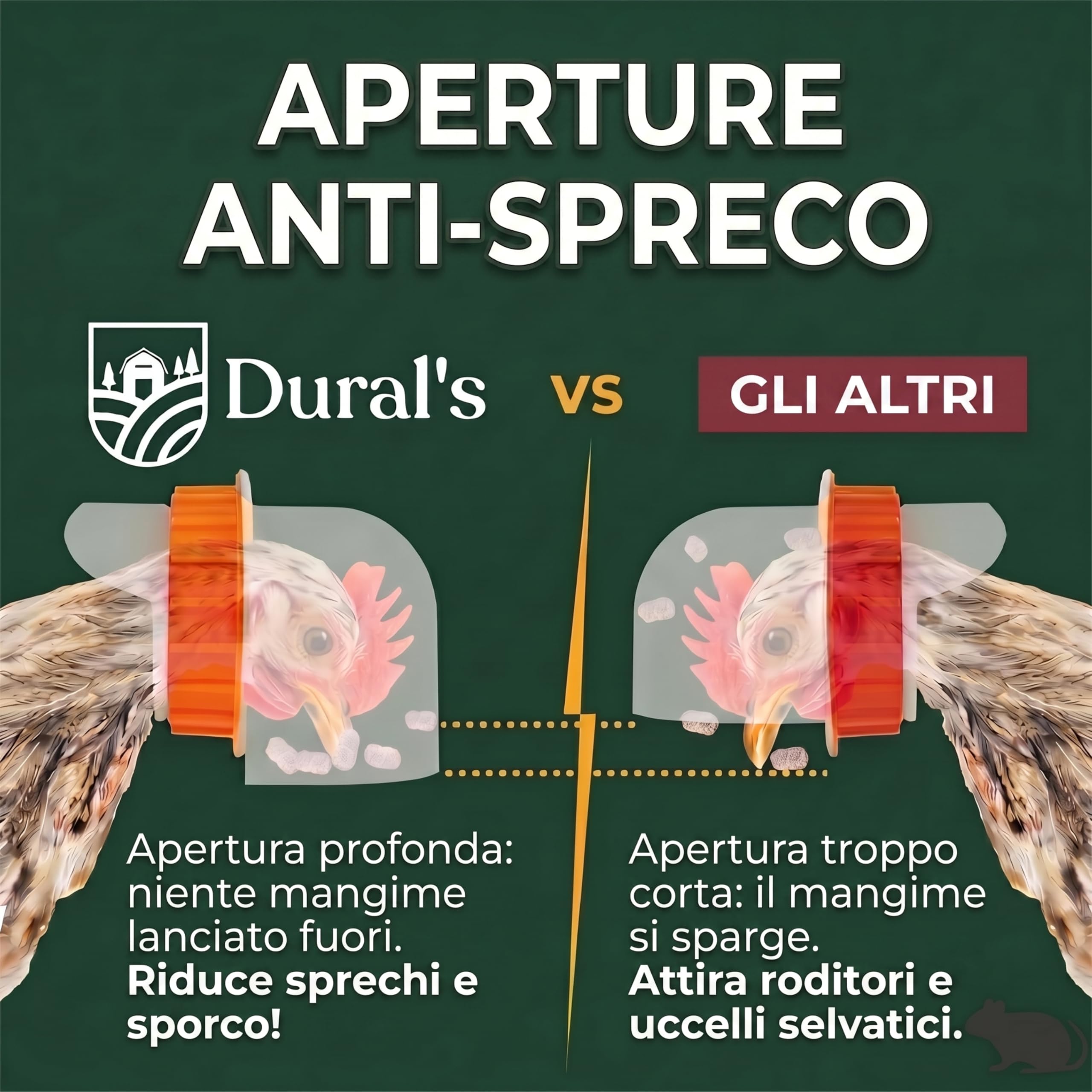 Dural's® Mangiatoia Galline Antitopo Grande Capacità 18 kg – Distributore Automatico di Mangime in Acciaio Zincato, 6 Aperture e Finestra di Livello – Mangiatoia Polli da Esterno Pollaio