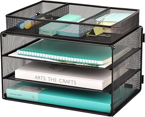 EASEPRES Bandeja organizadora de papel, organizador de archivos de malla de 3 niveles, soporte clasificador de cartas con cajón para oficina en