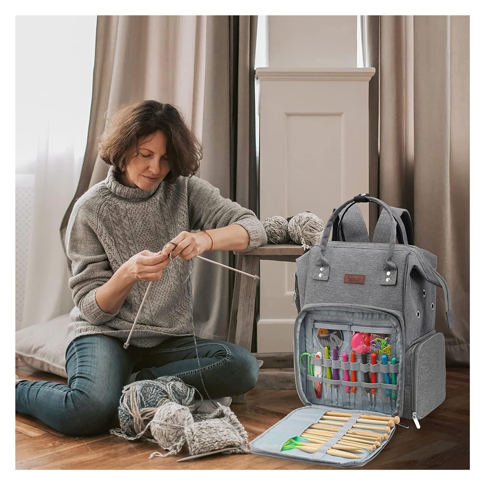 Handarbeitstasche Großer Häkel-Aufbewahrungsrucksack-Organizer, tragbare Stricktaschen und Tragetaschen, Organizer, Garn-Aufbewahrungsrucksack for Stricken als Geschenk(Gray Color)