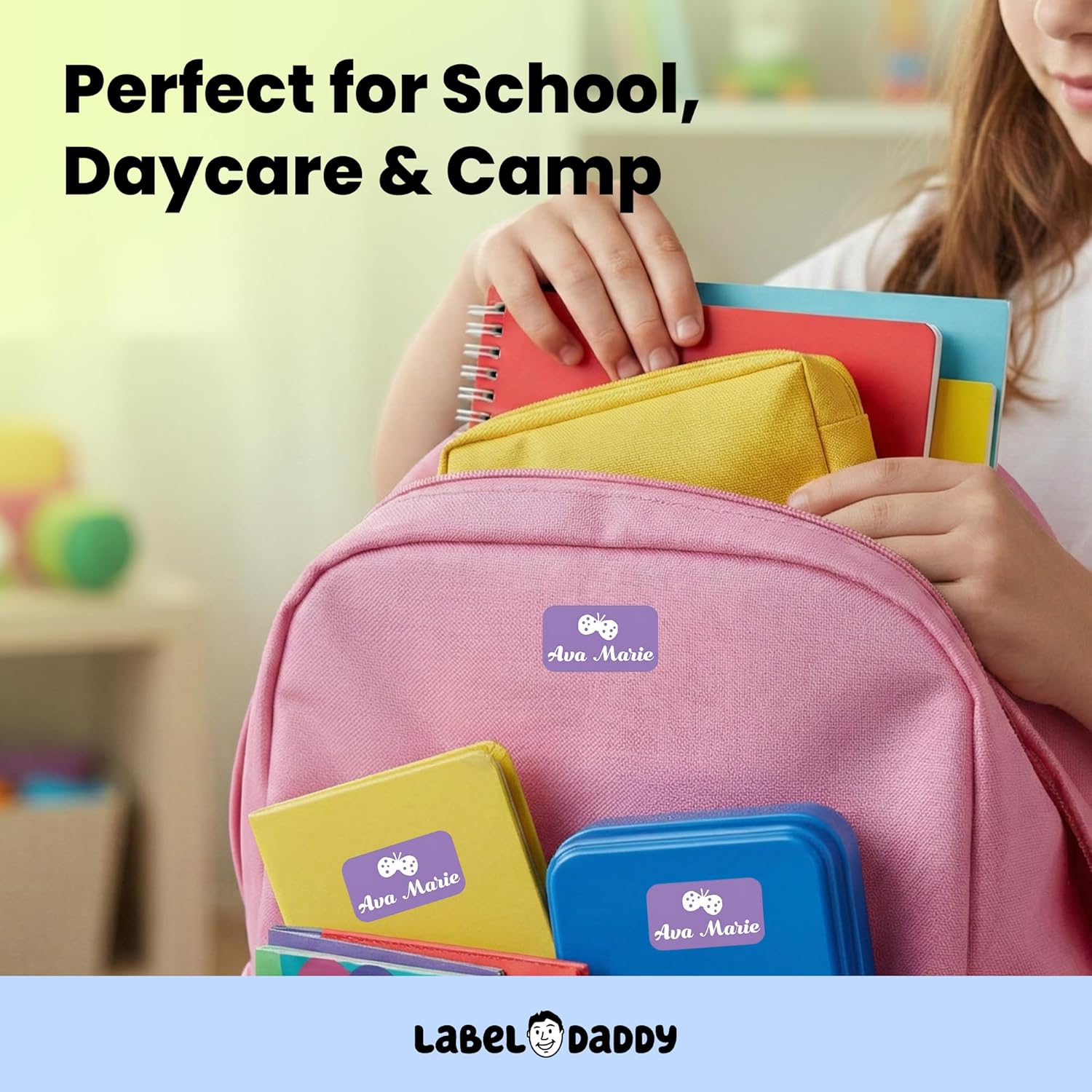 Label Daddy Custom Name Labels for Girls – Waterproof Personalized Name Tags for Daycare, School & Camp - No Iron Needed - Extra Small Labels for Bottles, Backpacks & More – Butterfly Design | 75 Ct