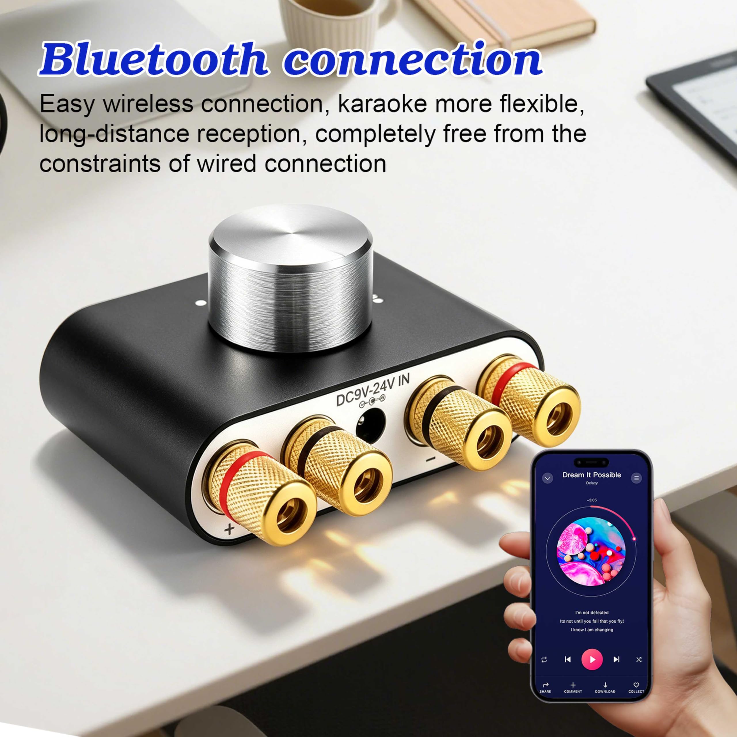 Mini amplificatore Bluetooth, 50 W × 2 HiFi Stereo Amplificatore, amplificatore digitale con alimentatore di rete per sistema audio di casa e ufficio, altoparlante