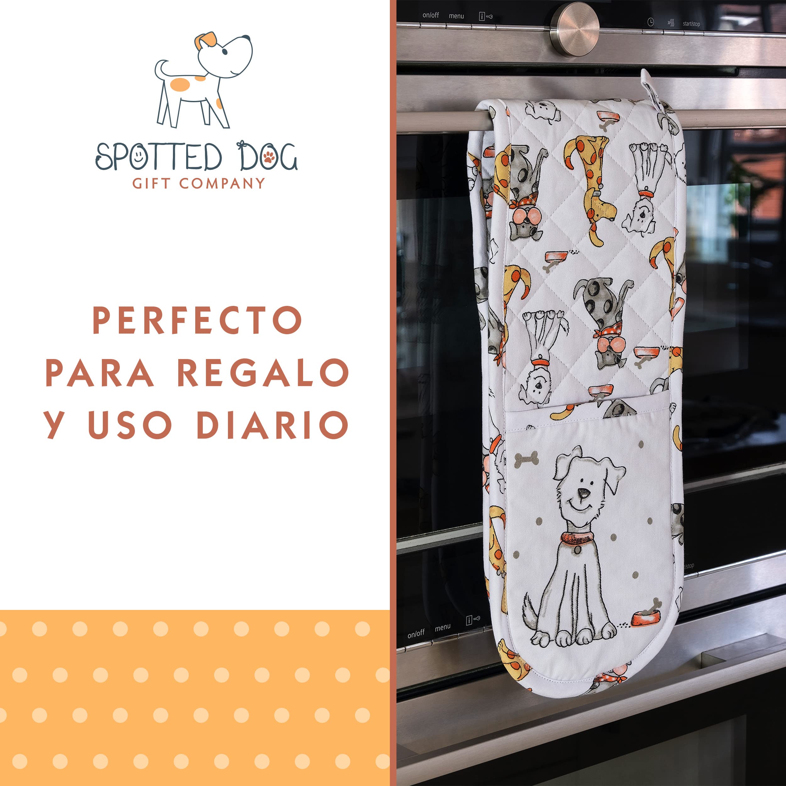 SPOTTED DOG GIFT COMPANY Juego de Regalo de 3 Piezas con Delantal, Paño de Cocina y Guante de Horno Doble, Accesorios Cocina Originales de Perros Lindos, Regalos para Amantes de los Perros