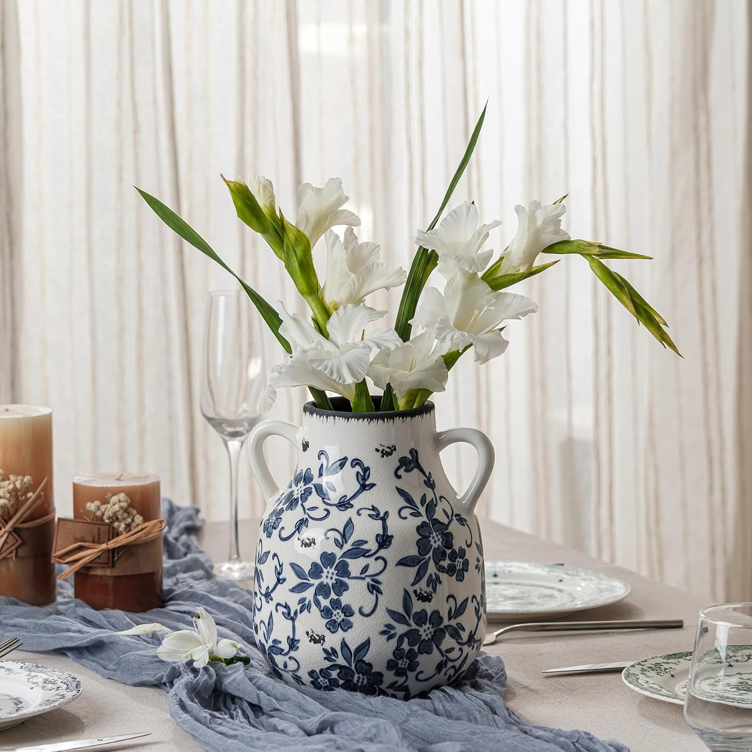 Blue and White Vintage Round Flower Vase with 2 Handles, Chinoiserie Floral Vase, Retro Ice Cracked Ceramic Large Vases for Home Decor, Living Room, Grand Millennial Chinoiserie Decor, 7.7 Inch - Image 8