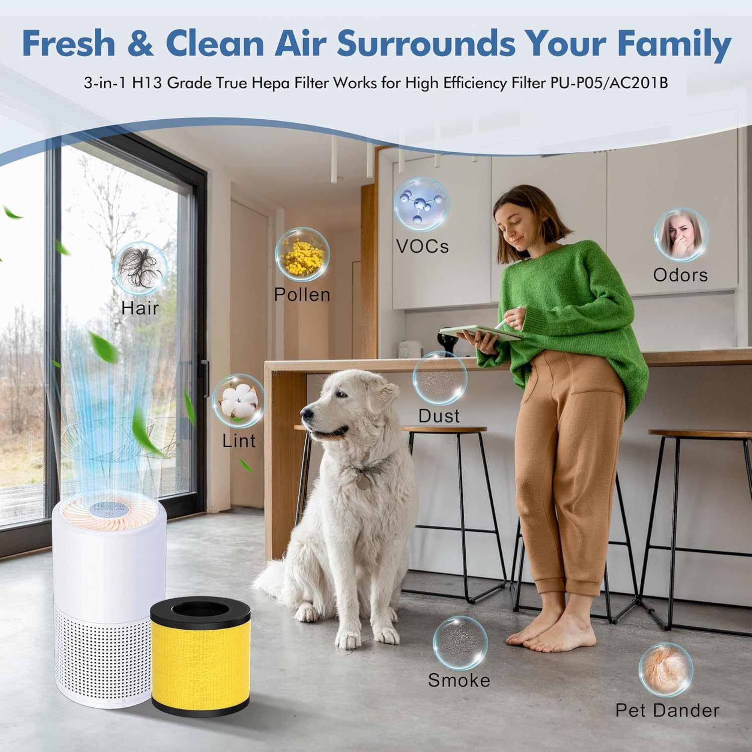 PU-P05/AC201B Pet Replacement Filter Compatible with FULMINARE PU-P05 and Purivortex AC201B Air Purifiers, H13 True HEPA Air Filter for Home Pets Dander Dust Smoke Pollen 2pack