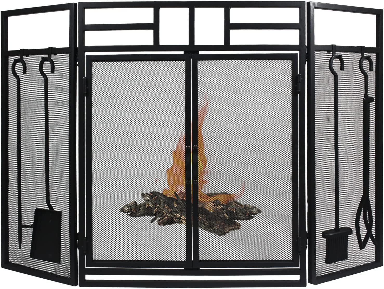 Aurahome Black ® 3 Fold Fireplace Screen Geometric Top With 4 Hanging Tools, Fire Screens Guard With Integral Double Doors,Fire Place Wood Burning Stove,Open Fireplace Wrought Iron, 83Cm H X 127Cm L