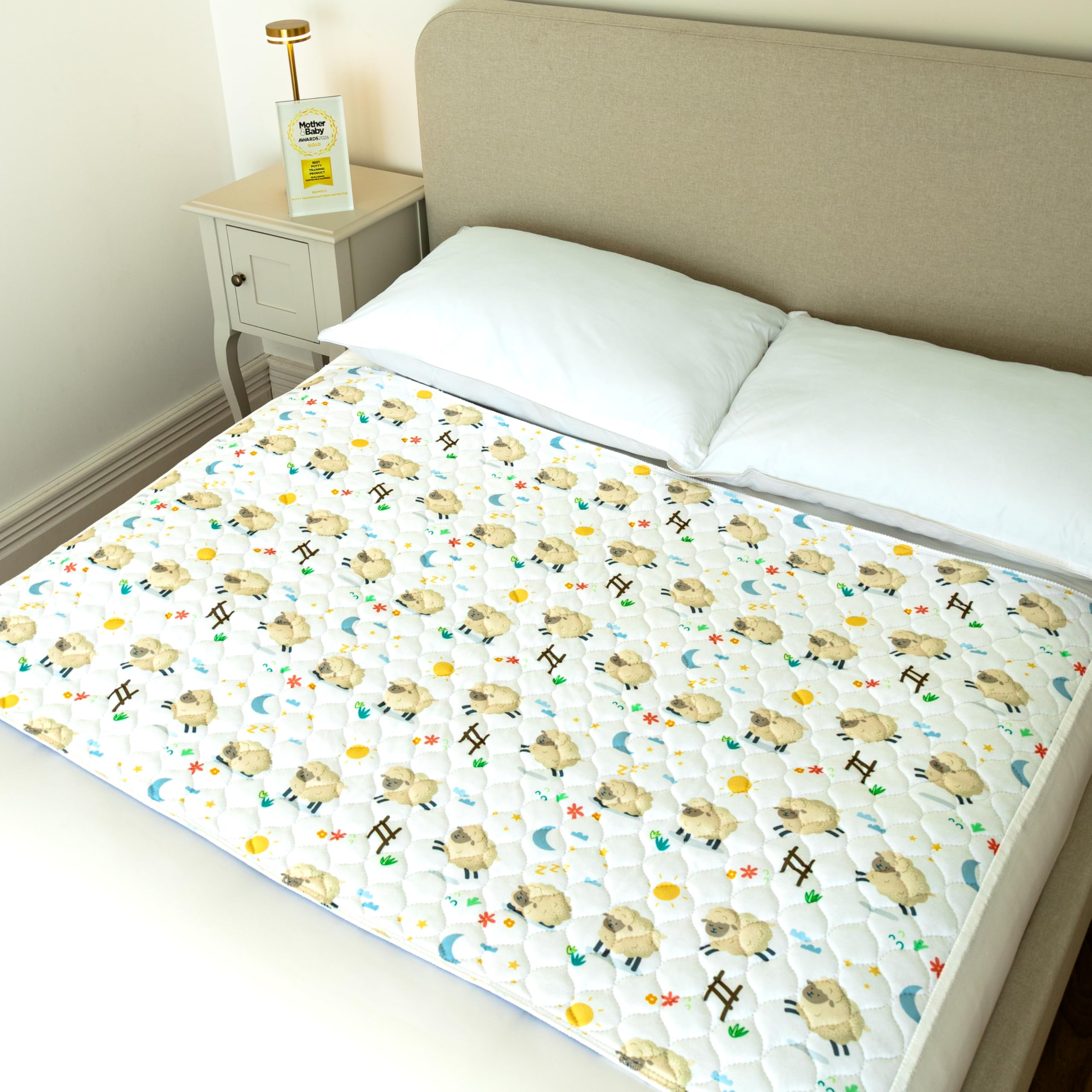Bedwetz Double Lamb Potty Training Bed Pad – Waterproof Mattress Protector For Double Beds, Washable 5-Layer Bed Wetting Sheet With Non-Slip Wing Tucks | Lamb