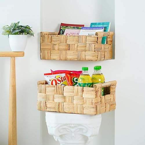 Miniatura 6 de VATIMA Cestas de almacenamiento de mimbre para organizar, cestas de jacinto de agua para estantes, cestas rectangulares naturales con asas de madera