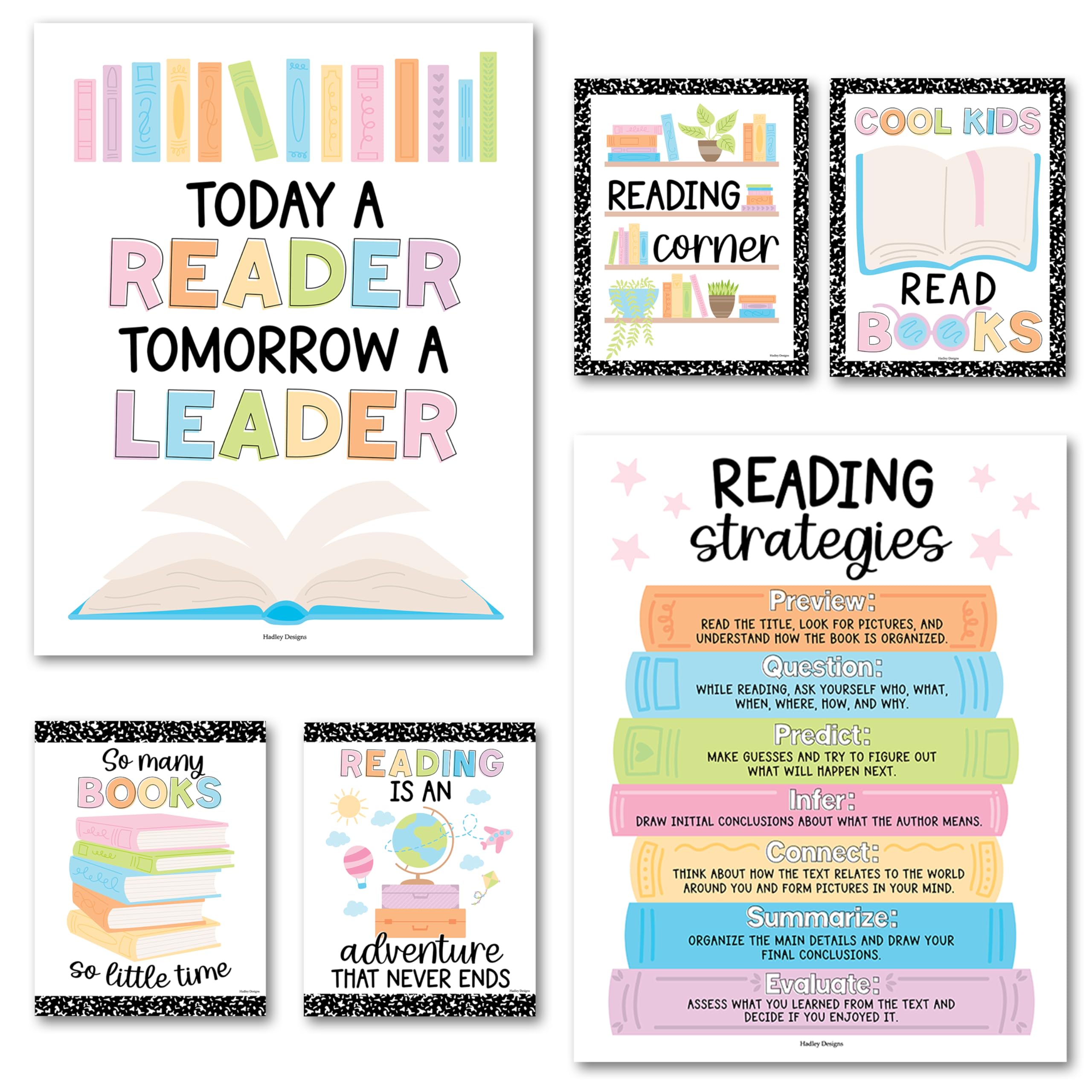 Hadley Designs Reading Posters for Classroom Elementary and Library Decor - 6 Reading Corner Decor for Classroom Decorations, Reading Strategies