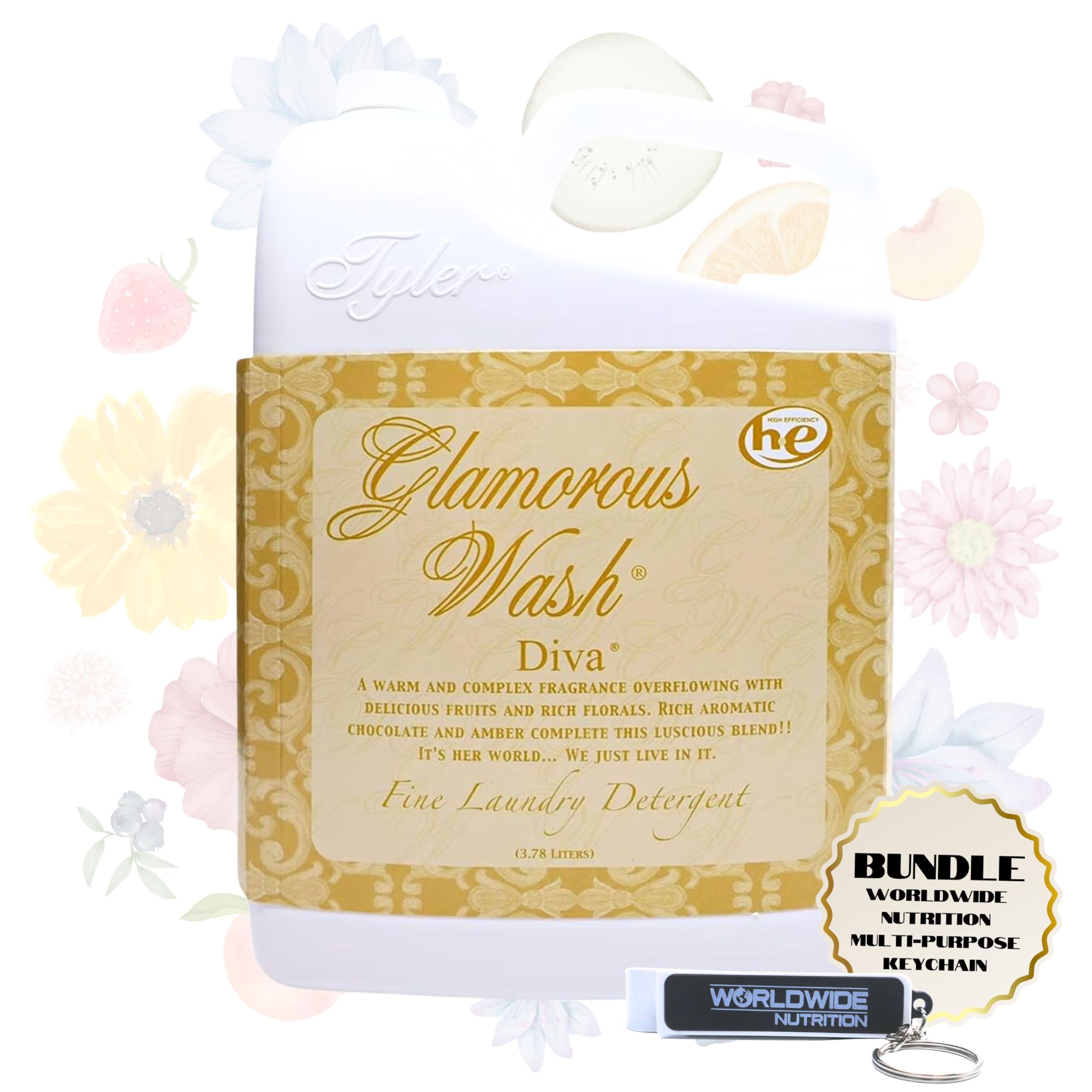Worldwide NutritionBundle: Tyler Candle Company Glamorous Wash Diva Laundry Liquid Detergent - Hand and Machine Washable Diva Laundry Detergent - 3.78L (1Gallon) Diva Detergent and Keychain